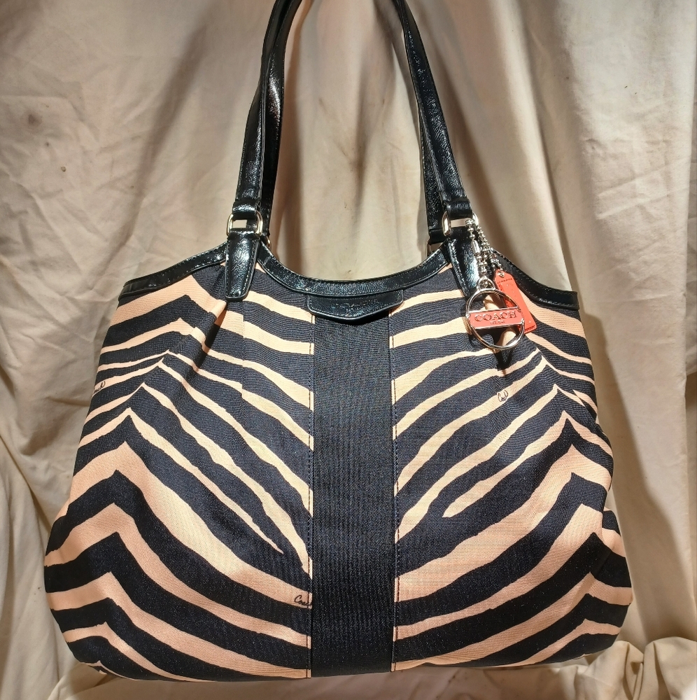 Coach Black and Tan Zebra Print Devin Shoulder Bag